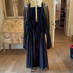 Elegant Black Mesh Midi Dress with Sheer Sleeves